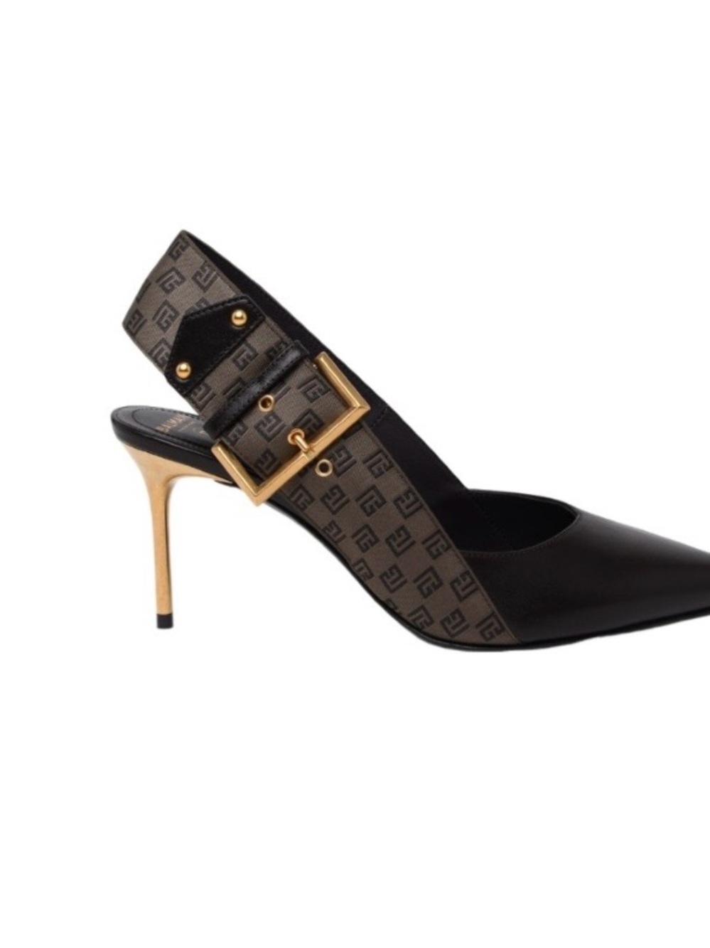 Balmain Black and Brown Slingback Pointed Toe Heel with Gold Buckle
